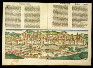 Vogelperspektive von Regensburg, aus der Nürnberger Chronik von Hartmann Schedel (1440-1514) 1493