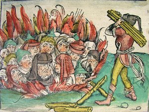Verbrennung der Juden, veröffentlicht in der Nürnberger Chronik, 1493 von German School