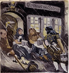 Personen auf der Terrasse der Brauerei Max Feldbauer im Schnee, München, Deutschland. Gravur von 1905. Paris, Decorative Arts von German School