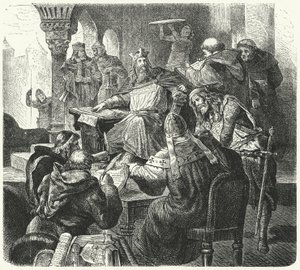 Karl der Große berät sich mit Gelehrten und Klerikern (Gravur) von German School