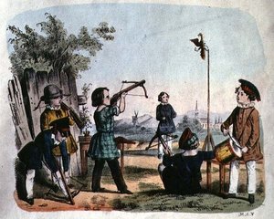 Kinder schießen auf ein Ziel mit einer Arkebuse, ca. 1860 von German School