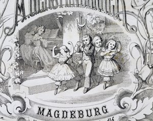 Kindertanzszene, Detail der Titelseite einer Sammlung von Musik und Tänzen für Kinder, veröffentlicht in Magdeburg, Deutschland von German School