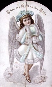 Weihnachtskarte eines Engels mit einem Muff, deutsch, um 1880