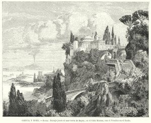 Küstenlinie der Bucht von Neapel von der antiken römischen Stadt Baiae, Kap Miseno, mit Vesuv im Hintergrund von German School