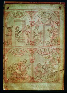 Codex 507 fol.2r Weber, Schuster, Fischer und Jäger, aus Renner Musterbuch, ca. 1208-18