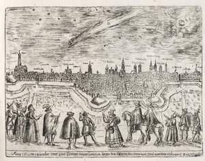 Komet über Augsburg Ende November 1618, aus Cometen Historia, veröffentlicht 1618 von German School