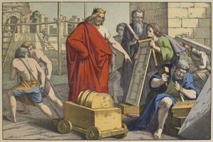 Bau des Tempels von Jerusalem, Illustration aus dem Alten Testament, veröffentlicht von Jakob Ferdinand Schreiber, Esslingen (Farbstich)