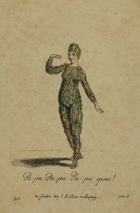 Kostümentwurf für die Rolle des Papageno in der Oper Die Zauberflöte von Wolfgang Amadeus Mozart, veröffentlicht in Leipzig von I. B. Klein, 1793 von German School