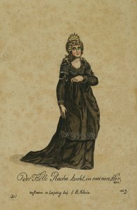 Kostümentwurf für die Rolle der Königin der Nacht in der Oper Die Zauberflöte von Wolfgang Amadeus Mozart, veröffentlicht in Leipzig von I. B. Klein, 1793