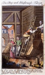 Handwerk: der Hersteller von Bleiweiß in seiner Werkstatt. In „Umfassende Beschreibung der Künste und Handwerke und Werkstätten für junge Leute“ von Johan Peter Vue. Ed. Nürnberg, Weigel et c