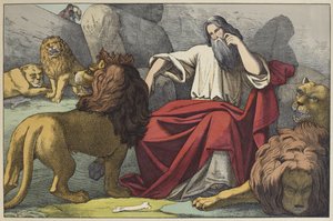 Daniel in der Löwengrube, Illustration aus dem Alten Testament, veröffentlicht von Jakob Ferdinand Schreiber, Esslingen (Farbstich)