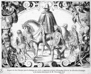 Abreise des Herzogs von Anjou nach Polen im Jahr 1573 (gewählter König von Polen, er wird seine Krone übernehmen) - Ein alter deutscher Druck aus der Sammlung von Drucken und historischen Zeichnungen von Herrn Hennin