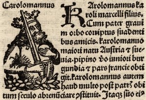 Detail eines originalen Inkunabelblatts, Darstellung von Karl dem Großen (742-814) vor 1500 (Detail) von German School