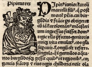 Detail eines originalen Inkunabelblatts, Darstellung von Pippin I. (803-38) vor 1500 (Detail) von German School