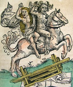 Teufel und eine Frau zu Pferd, veröffentlicht in der Nürnberger Chronik, 1493
