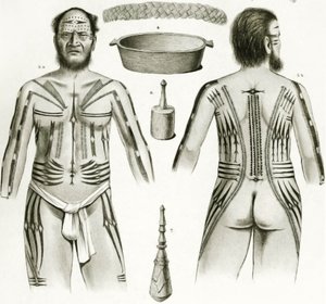 Diagramm von verschiedenen polynesischen Artefakten und Tätowierungen, 1888