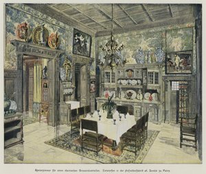 Speisezimmer eines wohlhabenden rheinischen Industriellen, hergestellt von der A Bembe Möbelmanufaktur in Mainz, Deutschland (farbiger Stich) von German School