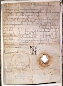 Diplom für das Krankenhaus von Mantua vom 10. Juli 1158. Das Dokument ist vom deutschen Kaiser Friedrich I. Barbarossa (1122 - 1190) unterzeichnet. Nationalarchiv von Mailand