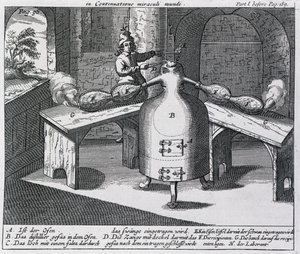 Destillation von Salpetersäure (Aqua fortis oder Scheidewasser) in einem Eisenmann mit zwei Nasen