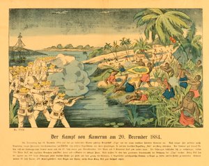 Duala-Aufstand in Deutsch-Kamerun, mit der SMS Olga im Hintergrund, 20. Dezember 1884 von German School