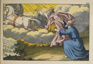Elia fährt im Wirbelwind in den Himmel und lässt seinen Schüler Elisa zurück, um sein Werk fortzusetzen, Illustration aus dem Alten Testament, veröffentlicht von Jakob Ferdinand Schreiber, Esslingen (Farbstich)