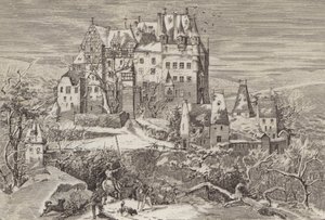 Burg Eltz, in den Hügeln über dem Moseltal, Deutschland, wie sie Ende des 16. Jahrhunderts aussah (Lithografie) von German School