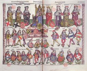Kaiser und Kurfürsten des Heiligen Römischen Reiches mit vierundzwanzig deutschen Adligen, die ihre Wappen präsentieren