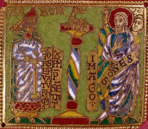 Emailplatte darstellend die Propheten Aaron und Moses. Rheinische Schule. 12. Jahrhundert. Florenz, Nazionale Museo del Bargello