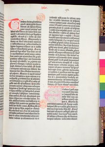 Ende des Pentateuch und Beginn des Buches Josua, aus der Gutenberg-Bibel, gedruckt von Johannes Gutenberg (ca. 1400-68) und Peter Schoeffer (1425-1502) in Mainz, 1454-56 (gedrucktes Papier)