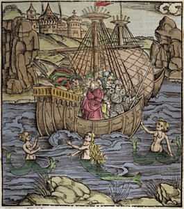 Eneide von Virgil (70 v. Chr.-19 v. Chr.), die trojanischen Helden Aeneas und seine Gefährten überqueren ein Meer voller Sirenen. Xylographie von Sebastian Brant (1458-1521). Straßburg von German School