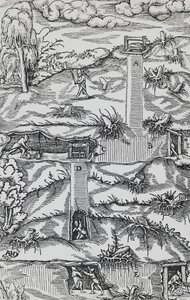 Gravur aus De re metallica (Über die Natur der Metalle), von Georg Pawer oder Georgius Agricola, veröffentlicht in Basel