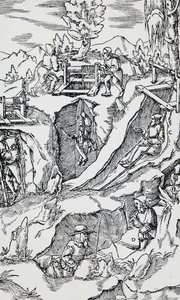Gravur aus De re metallica (Über die Natur der Metalle) von Georg Pawer oder Georgius Agricola, veröffentlicht in Basel
