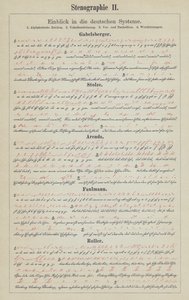 Beispiele deutscher Kurzschriftsysteme (Farblithografie) von German School