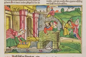 Moses wird den Nil hinuntergeschickt und von einer der Frauen des Pharaos entdeckt, aus der Nürnberger Bibel (Biblia Sacra Germanaica) von German School