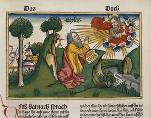 Exodus 34:1-10 Mose erhält die zweiten Tafeln mit den Zehn Geboten, aus der Nürnberger Bibel (Biblia Sacra Germanaica)