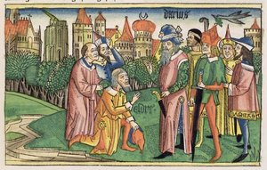 Der Tempel von Jerusalem wird von König Darius geweiht, aus der Nürnberger Bibel (Biblia Sacra Germanaica)