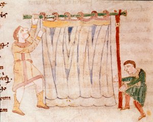 Stoffarbeit. Miniatur aus dem Manuskript „De Universo“ oder „De rerum naturis“ (Von der Natur der Dinge) von Rabanus Maurus Magnentius (ca. 780-856). 9. Jahrhundert. Archiv der Abtei Monte Cassino