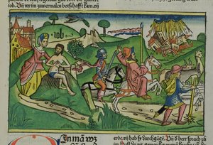Faksimile-Kopie von Hiob: Frontispiz, Hiob wird von seiner Frau gescholten, sein Haus und seine Familie werden von einem Hurrikan zerstört und sein Vieh gestohlen, aus der Nürnberger Bibel (Biblia Sacra Germanaica)