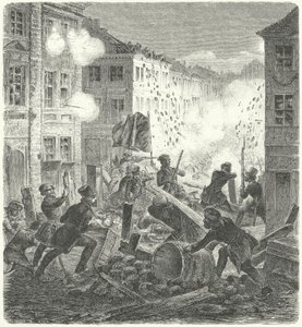 Kämpfe an einer Barrikade vor dem Colln Rathaus, Berlin, Revolution von 1848 (Stich) von German School