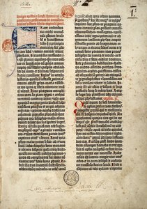 Erste Seite der Bibel in Latein (Vulgata) von Gutenberg, vorbereitet in Mainz 1452 - 1454. Der Beginn des Briefes von St. Hieronymus an den Priester Paulinus, der sich mit allen Büchern der Heiligen Schrift befasst.