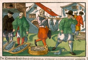 Fischmarkt, aus einem deutschen Manuskript, ca. 1650 von German School