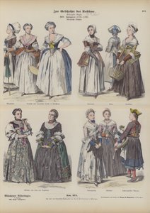 Französische und deutsche bürgerliche Frauenkostüme, spätes 18. Jahrhundert (farbige Gravur) von German School