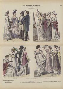 Französische und deutsche Kostüme, frühes 19. Jahrhundert (farbige Gravur) von German School