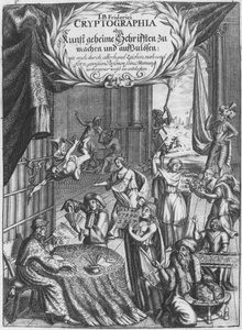 Frontispiz, Illustration aus Cryptographia, oder geheime Schrifften von Johann Balthasar Friderici, graviert von Johan Friedlein, veröffentlicht in Hamburg, 1685