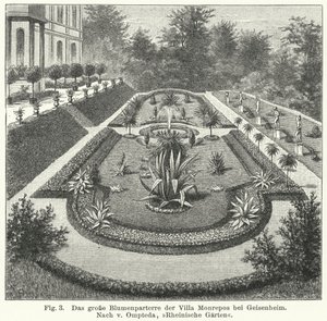 Gartengestaltung: Großes Parterre in Monrepos, Anwesen des Bankiers und Amateurastronomen Heinrich Eduard von Lade, Geisenheim, Deutschland (Stich) von German School