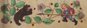 Gekränzter Jäger zu Fuß, der einen Bären speert, ca. 1475-1485