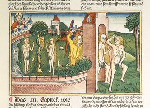 Die Versuchung und die Vertreibung aus dem Paradies, aus der Nürnberger Bibel (Biblia Sacra Germanaica) von German School