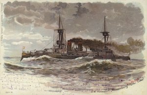 Deutsches Schlachtschiff SMS Weissenburg, Ende des 19. oder Anfang des 20. Jahrhunderts (Farblitho) von German School