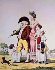 Deutscher Bürgergang am Sonntag. Karikatur einer deutschen Familie im Sonntagskleid. Gravur des 19. Jahrhunderts