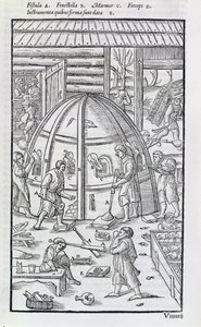 Glashütte, Illustration zeigt den Marmorofen und Glasbläser (Holzschnitt)